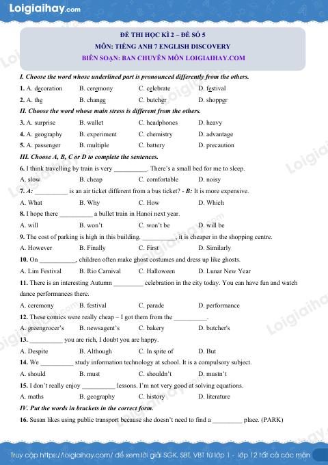 Đề thi học kì 2 Tiếng Anh 7 English Discovery - Đề số 5